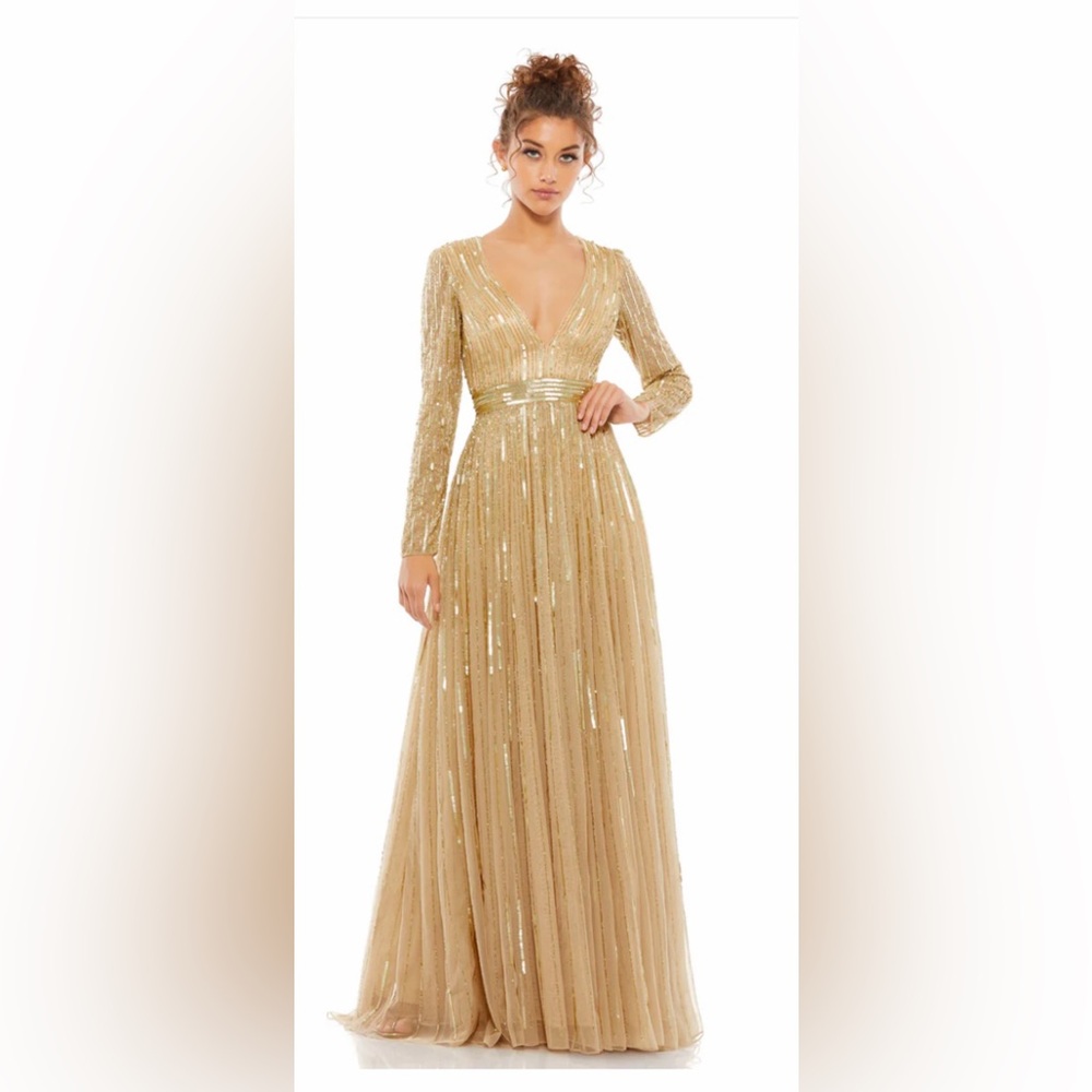 Mac Duggal Long Sleeve V-Neck Gold Gown